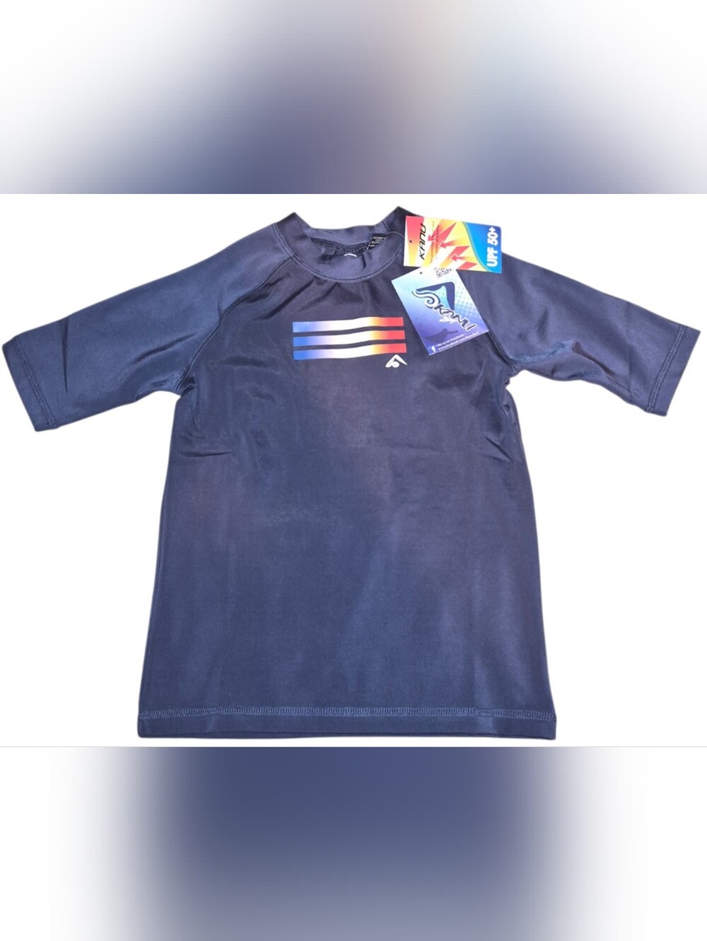 Kanu Surf Kids Navy Blue Rashguard with Red-Orange-Blue Stripe